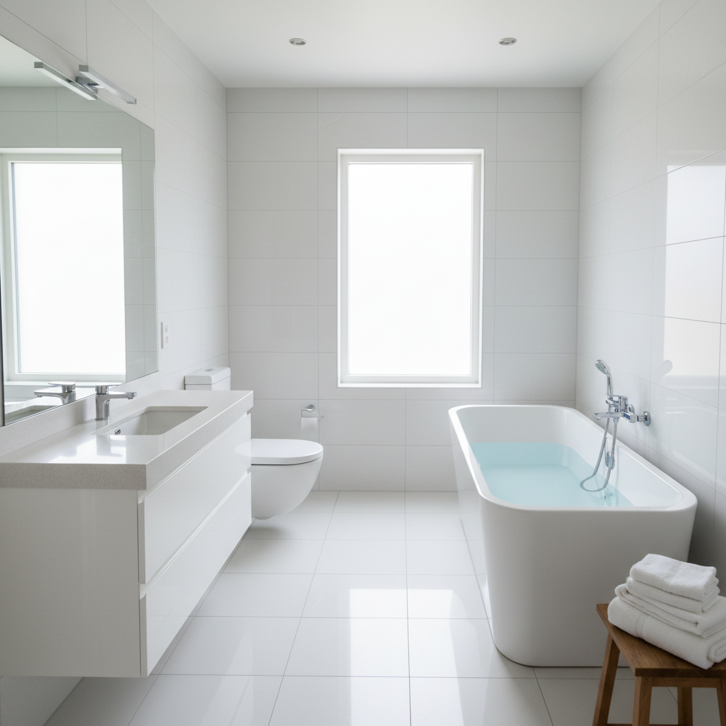 Gleaming bathroom with white tiles and polished chrome fixtures in bright natural light after deep cleaning