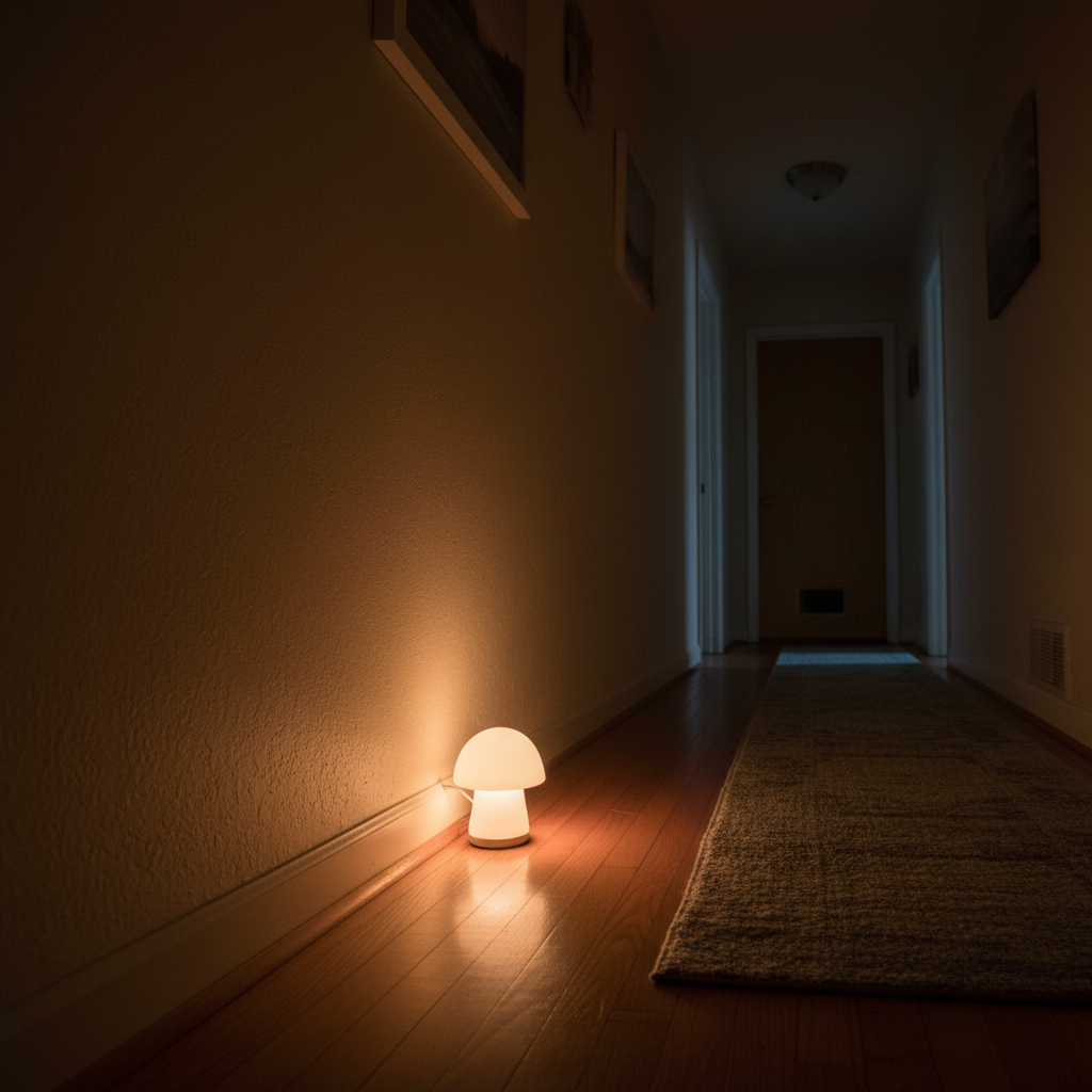 A dimly lit hallway with a soft nightlight glowing near the floor, showing a calm and safe home environment for nighttime navigation