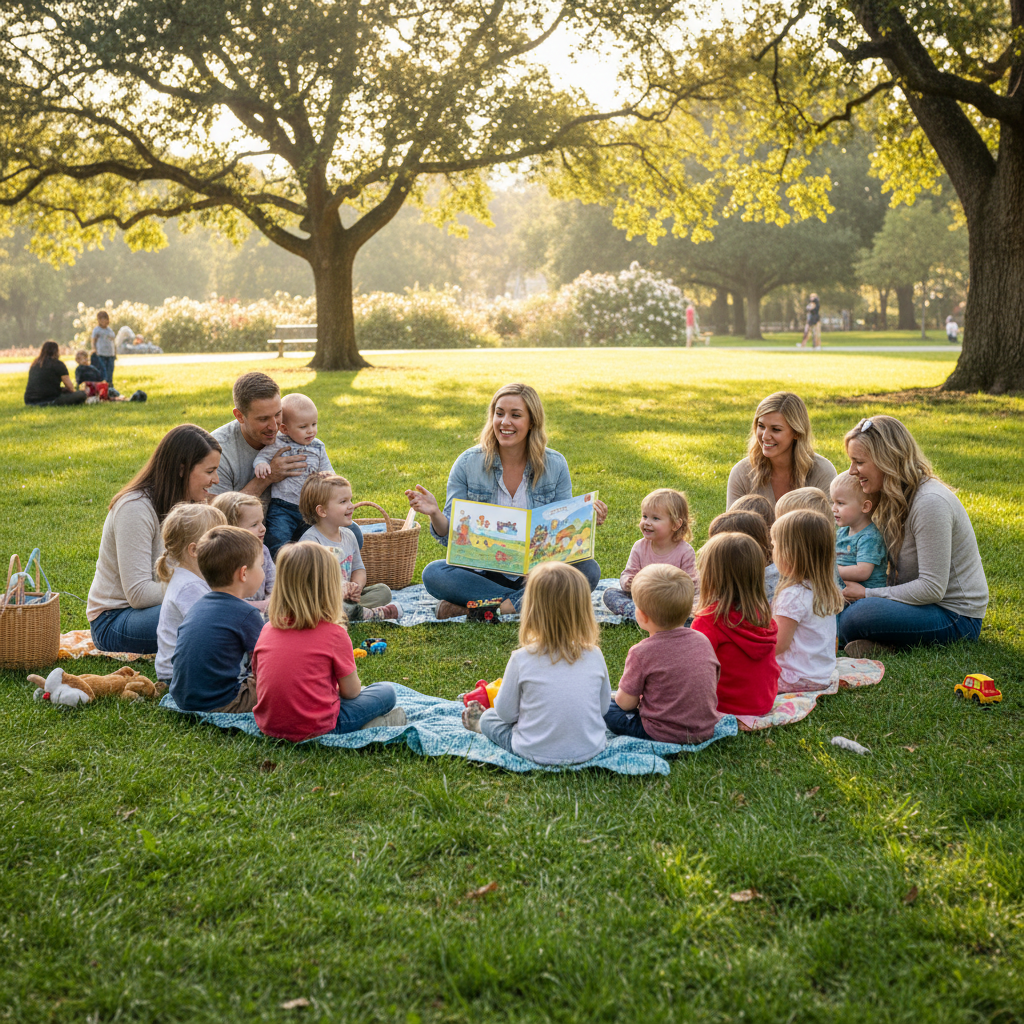 Small children and parents sitting in a circle on a park lawn during storytime