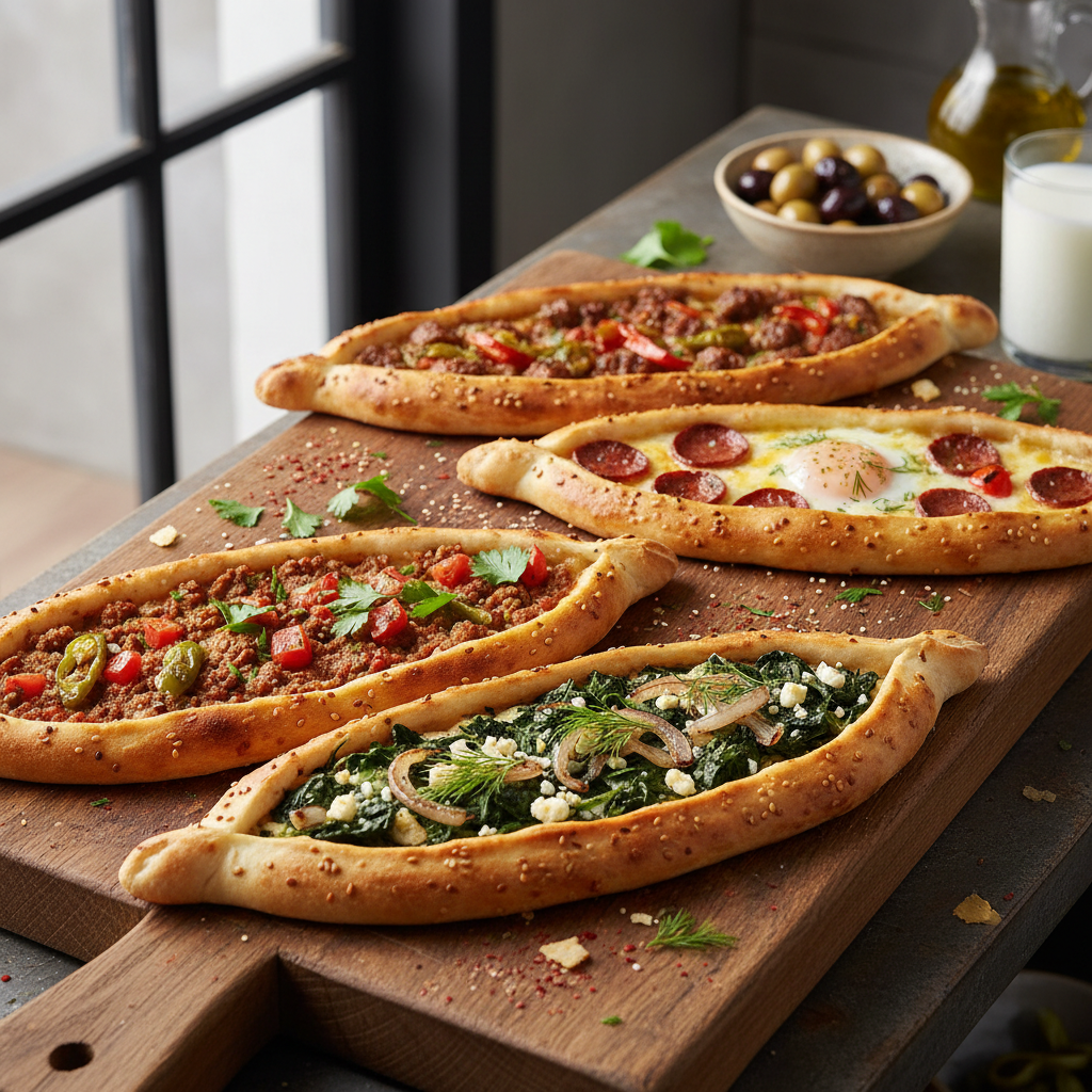 Four varieties of Turkish pide flatbread with toppings sliced on a wooden board