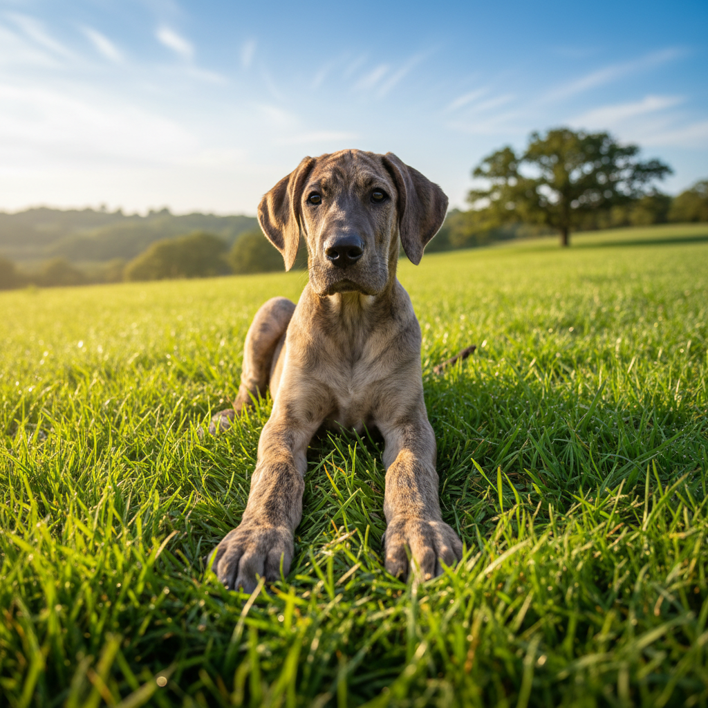 Brindle Great Dane puppy sitting on grass at Ridgeline kennel