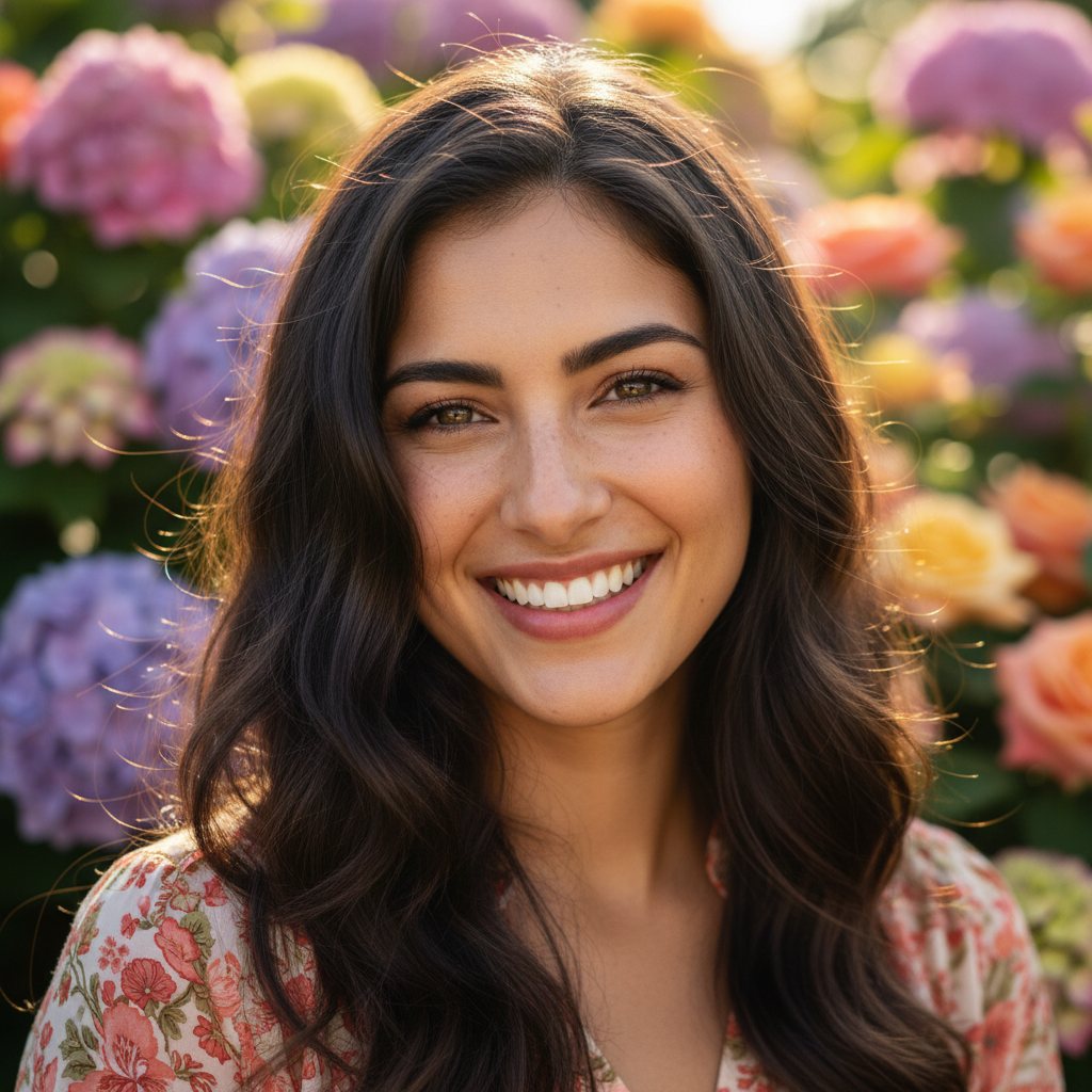 Portrait of Priya, a woman with dark hair and bright eyes, standing in front of flowering plants