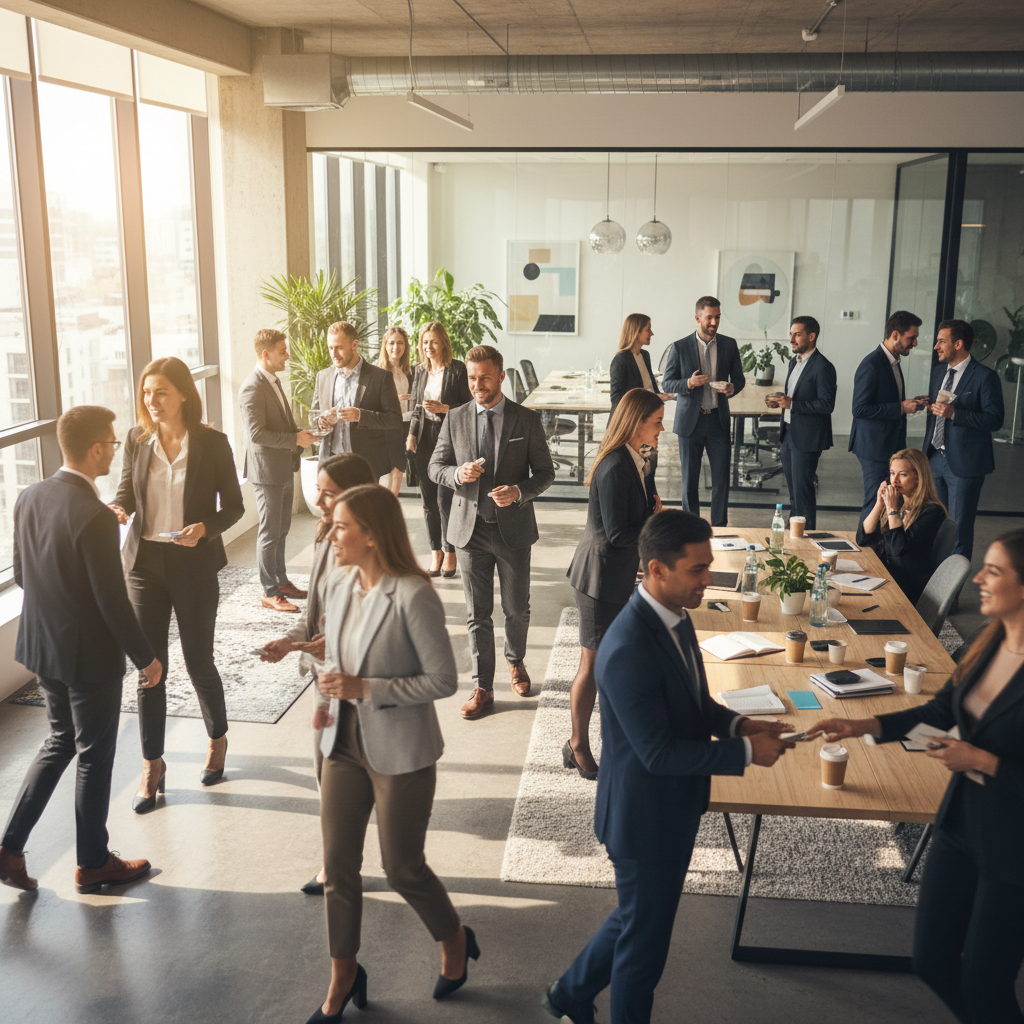 Professional small business office meeting room with natural light, clean modern design