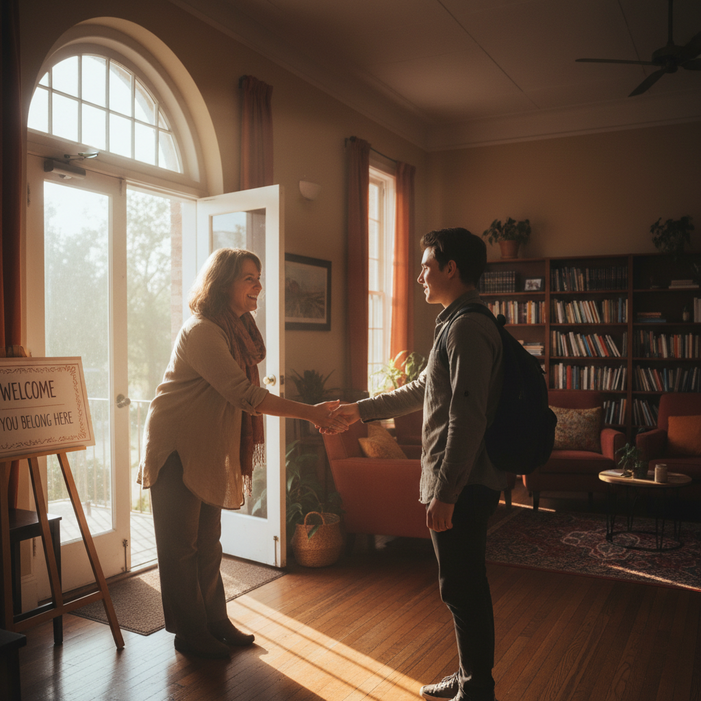 A support circle leader greeting a new attendee at the door