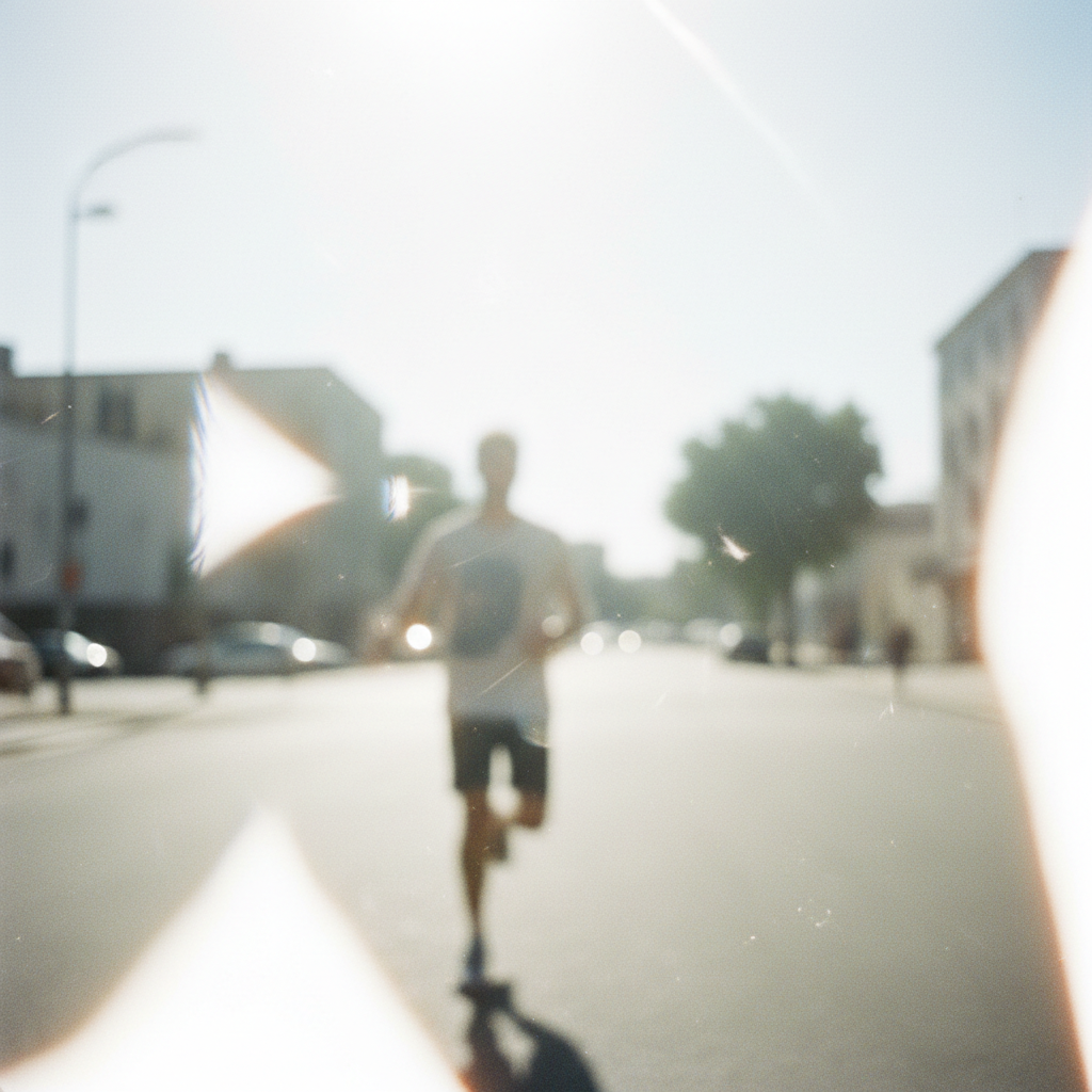 Blurry, overexposed snapshot of a person in harsh midday sun
