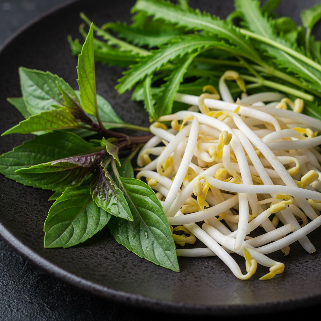 Vietnamese pho soup with fresh herbs and bean sprouts in natural daylight