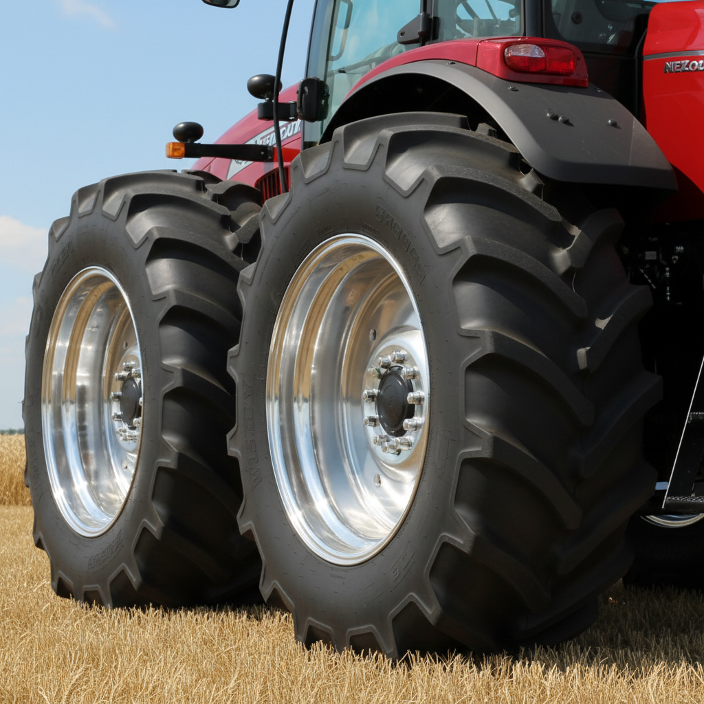 Farm tractor with large agricultural tires in a Minnesota field, showing heavy equipment tire service needs