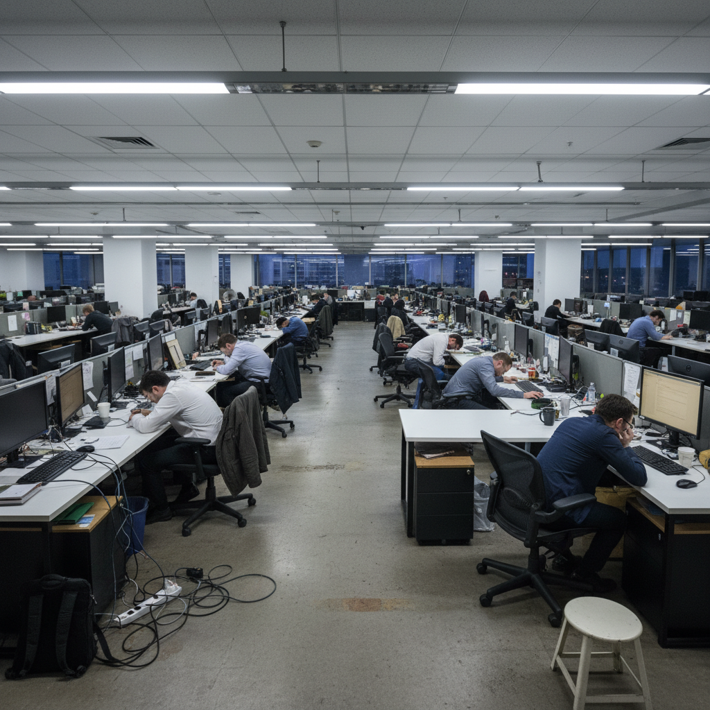 Large corporate office floor with inconsistently set up workstations and employees in poor ergonomic postures