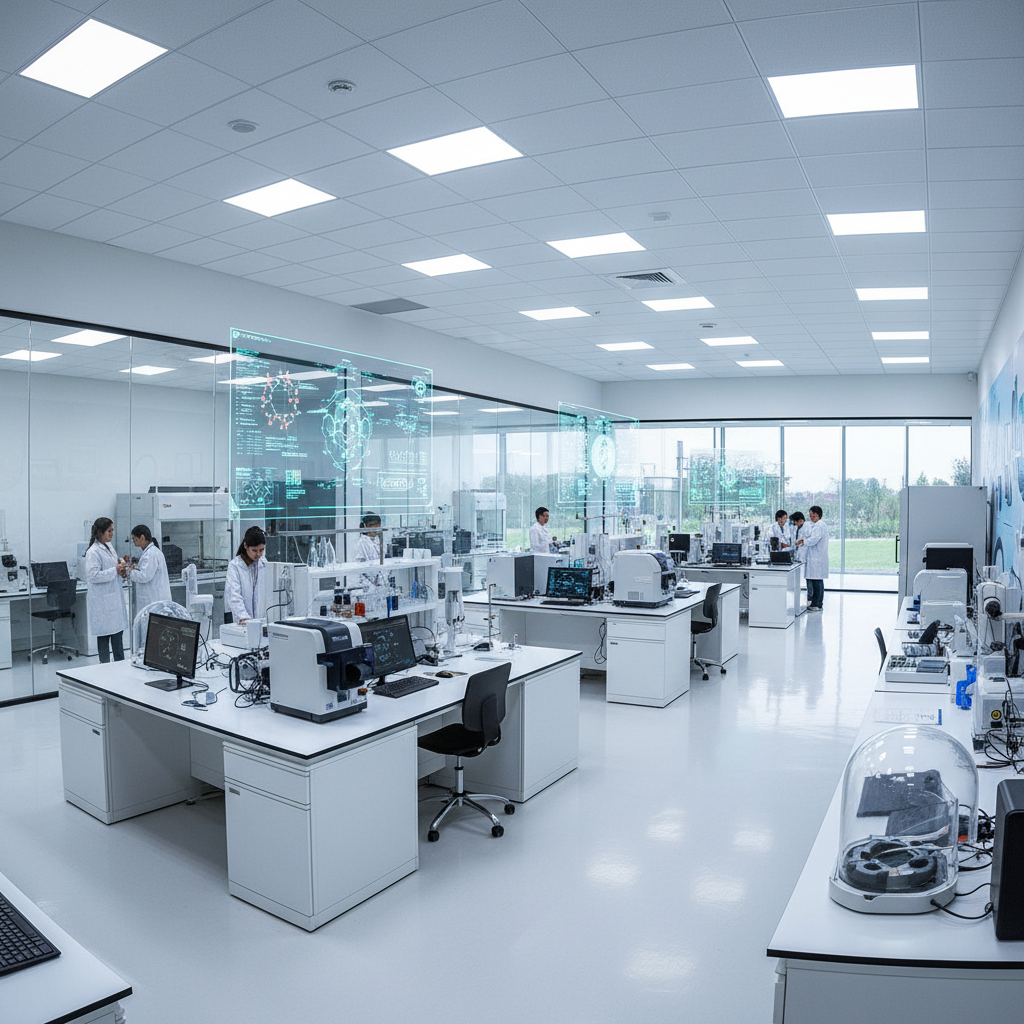 Bright laboratory with modern equipment and technician in white coat under fluorescent lighting