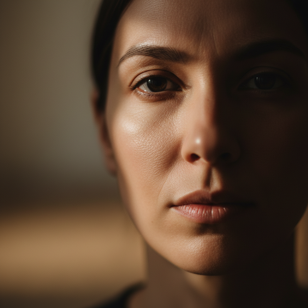 Aiko Tanaka, post-production supervisor, elegant portrait with soft cinematic lighting against dark background