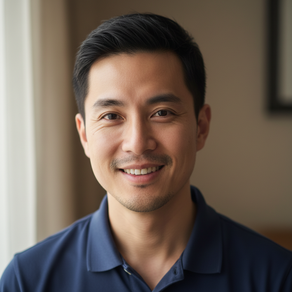 Young Asian man with short dark hair and friendly smile