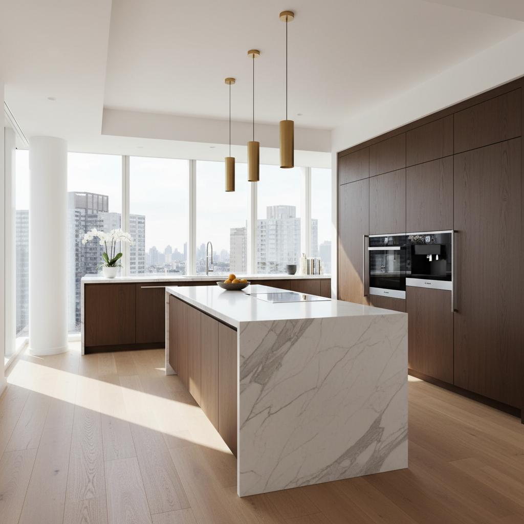 Gourmet kitchen with Calacatta marble island, Gaggenau appliances and city views