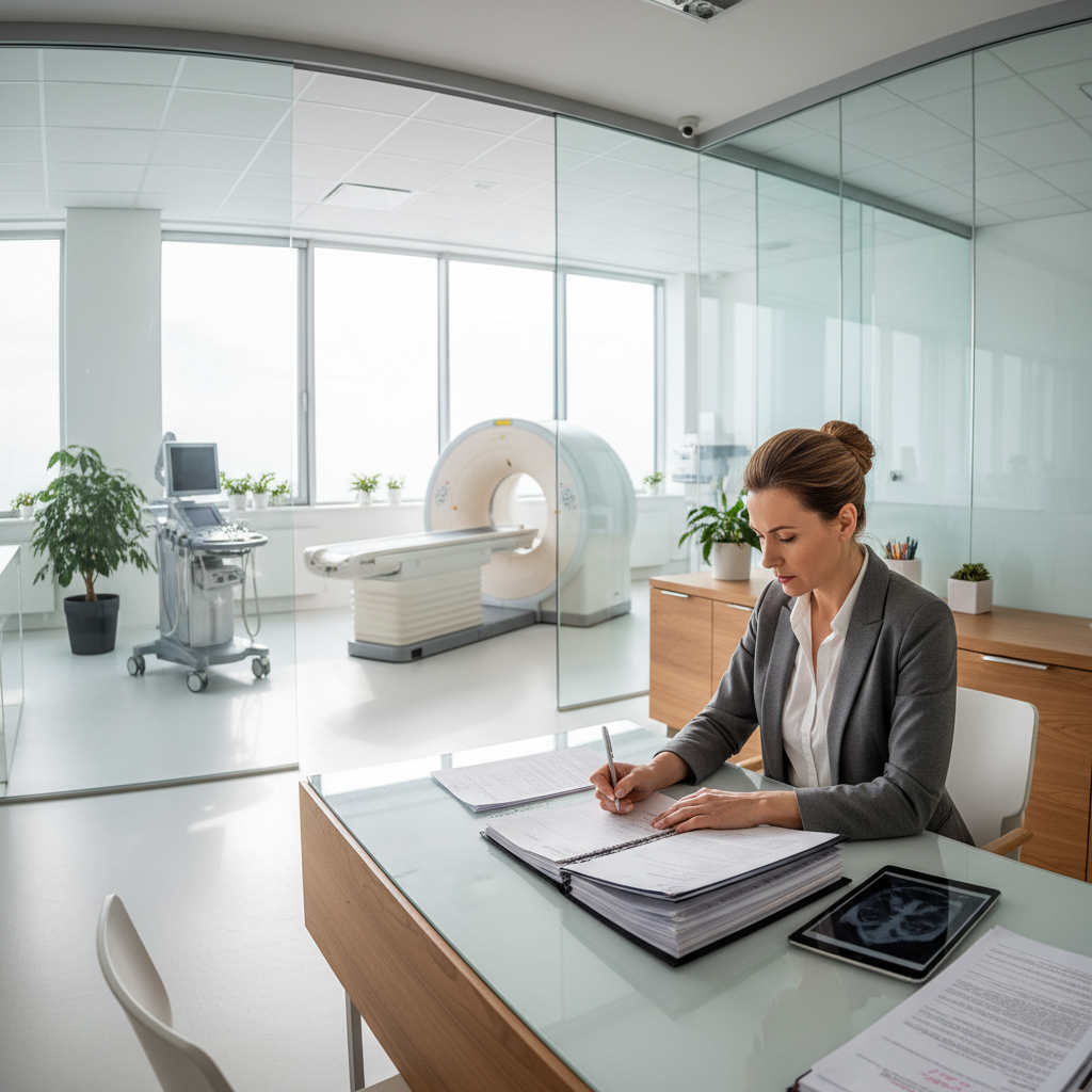 Medical professional reviewing documents at clinic desk, bright modern office environment