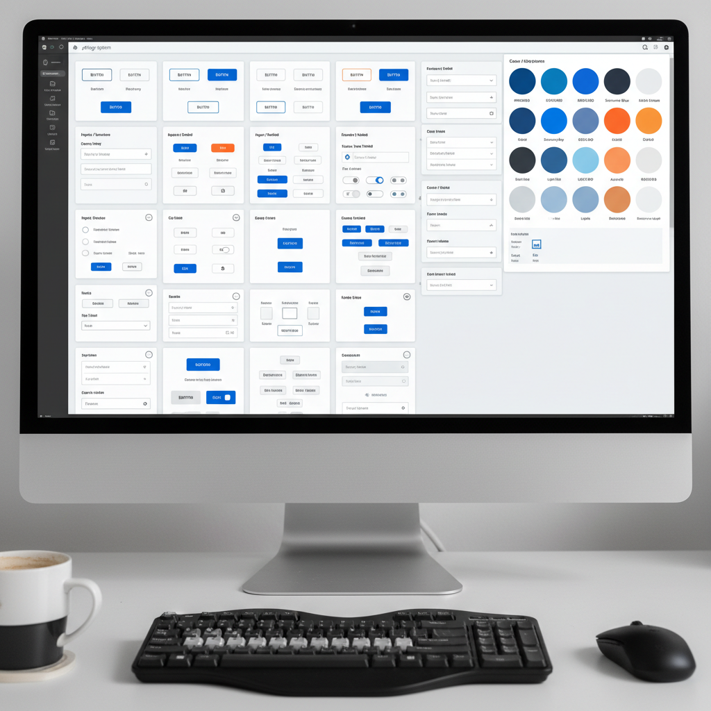 Figma design system on bright monitor showing color tokens and component library, clean bright workspace
