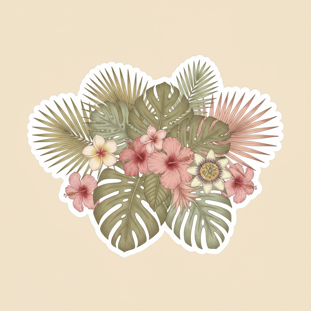 Ink and watercolour botanical illustration of tropical leaves on cream paper