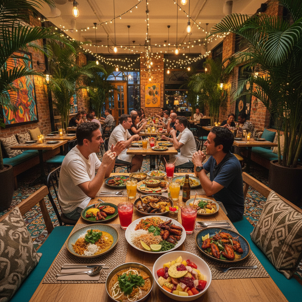 Aerial view of a vibrant restaurant table with multiple colorful dishes from different cuisines, warm overhead lighting