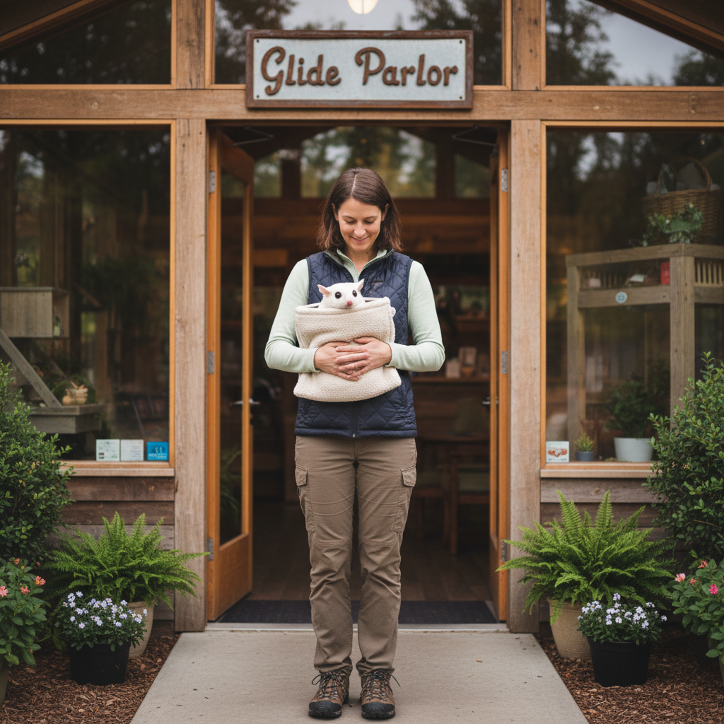 Glider owner arriving at Glide parlor, Mochi tucked in a fleece travel pouch pressed against chest