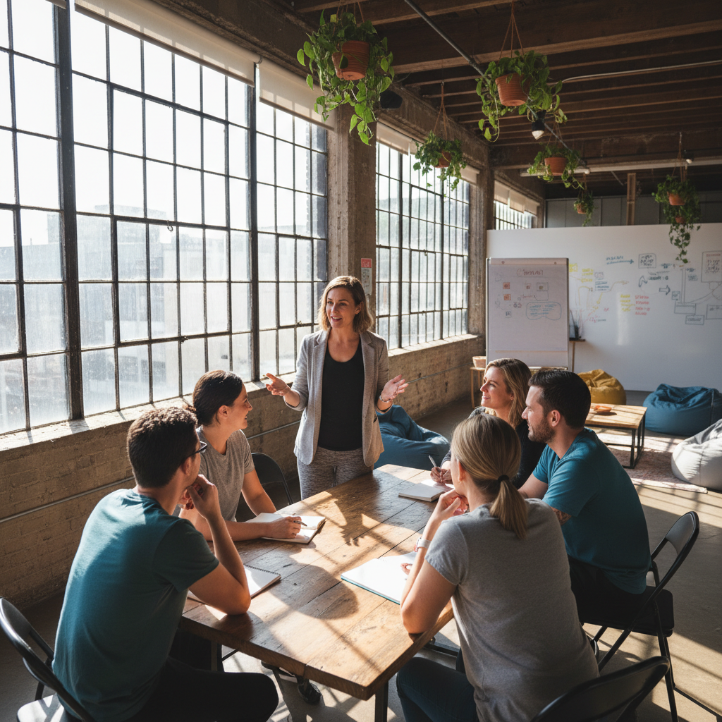 Kavita Thakur coaching a small group workshop, participants engaged in discussion