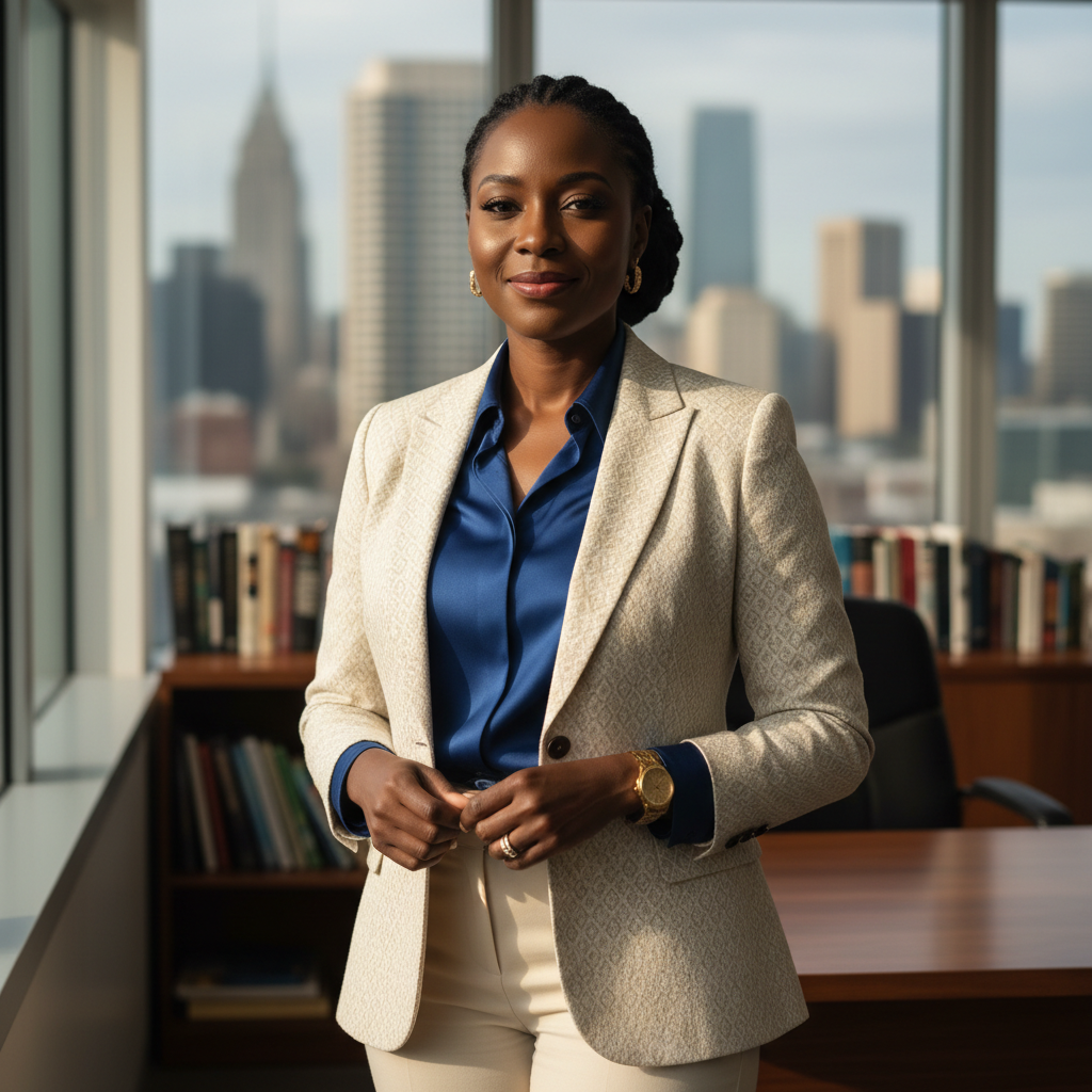 Professional African woman in business attire, bright office environment, approachable and confident