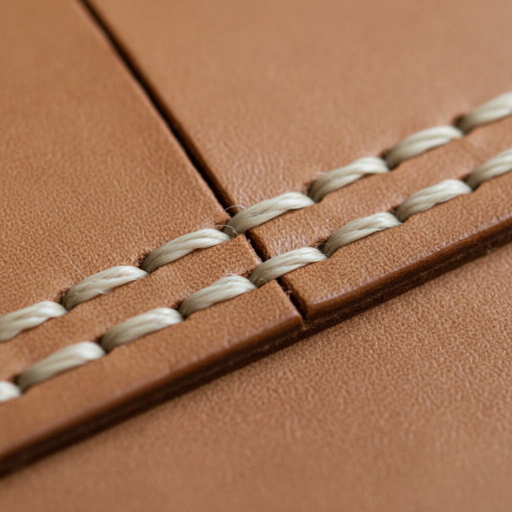 Close-up of saddle stitch with waxed linen thread through vegetable-tanned leather