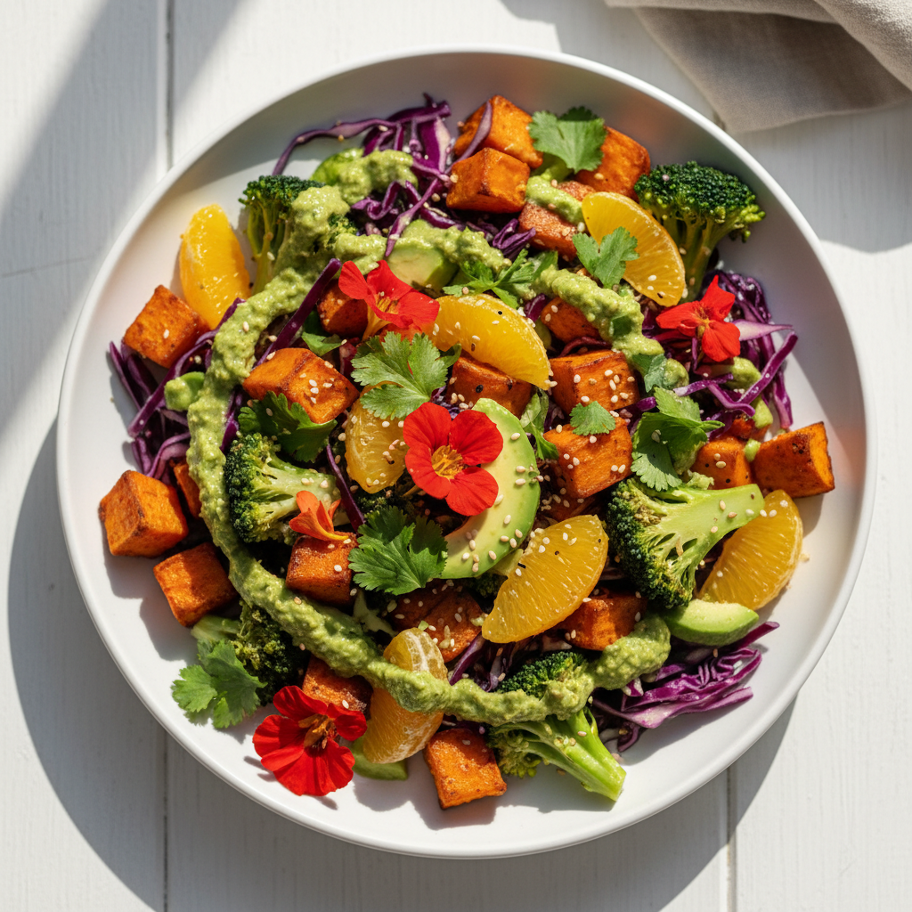 Colorful plant-based meal garnished simply on a white plate
