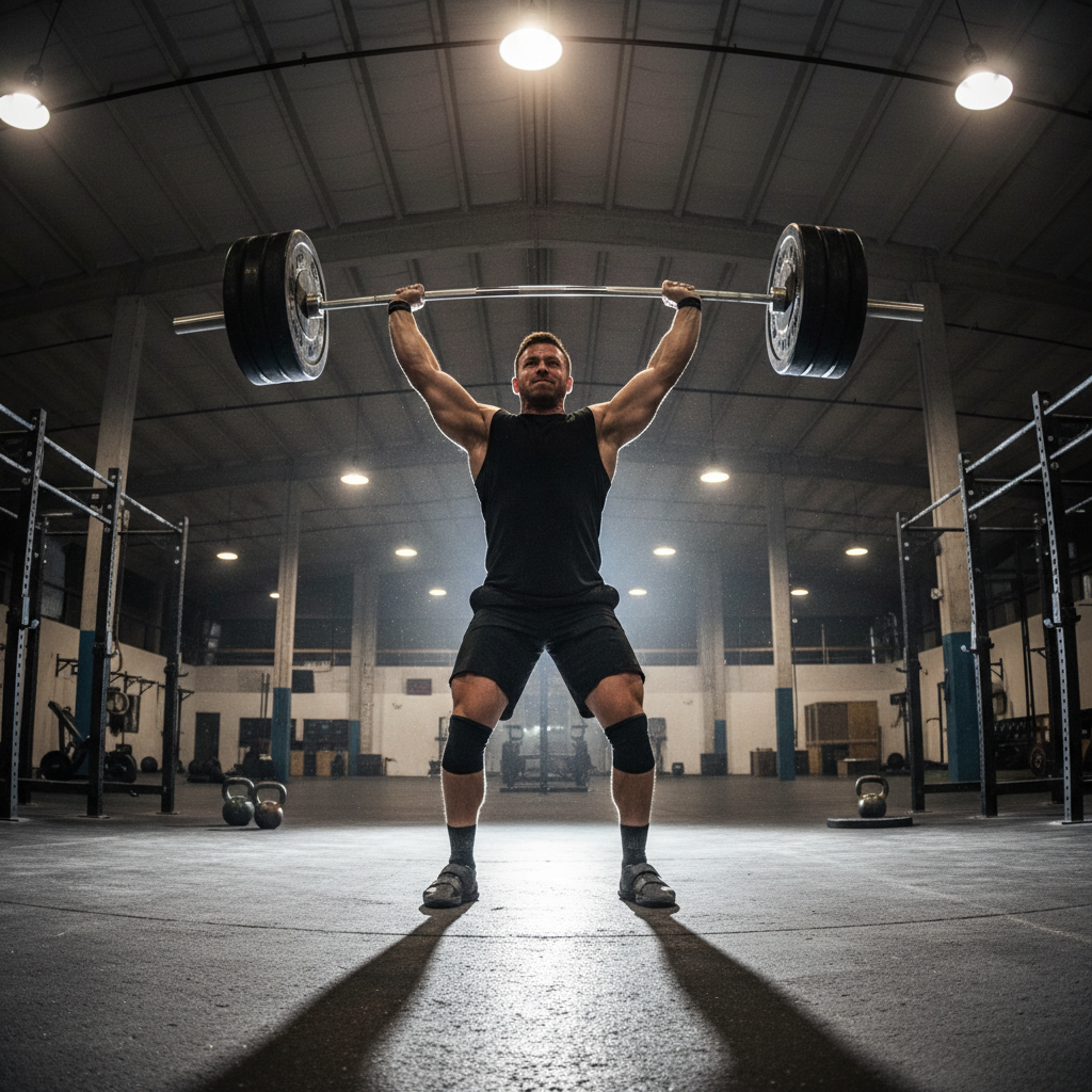 CrossFit athlete performing clean and jerk with heavy barbell in concrete gym