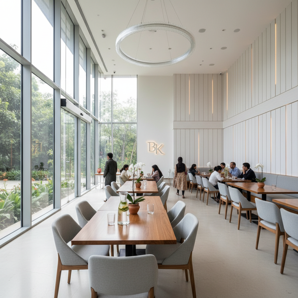 Modern restaurant with bright interior and dining tables