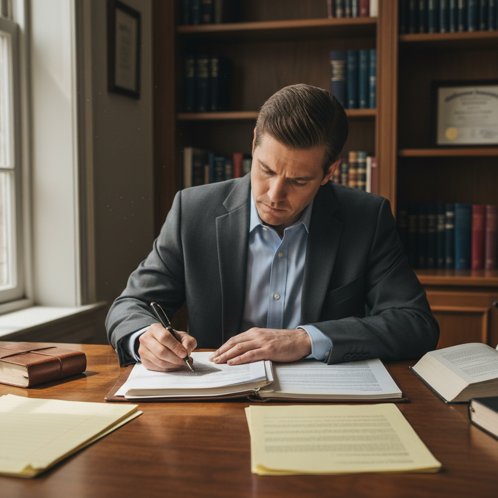 Person sitting at a desk writing on legal documents, focused and serious, natural light from side window