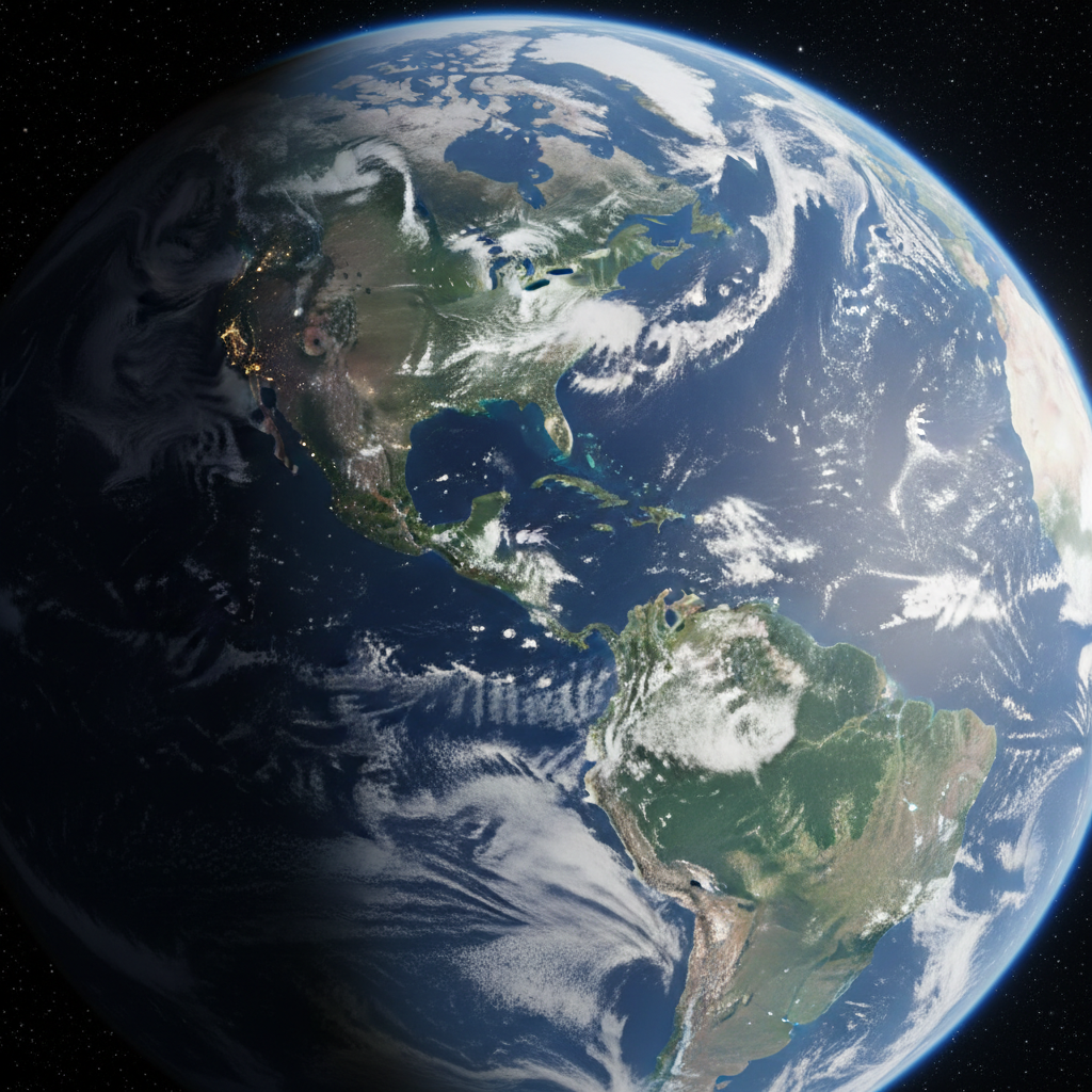 Satellite view of Earth with cloud formations and atmospheric patterns over ocean