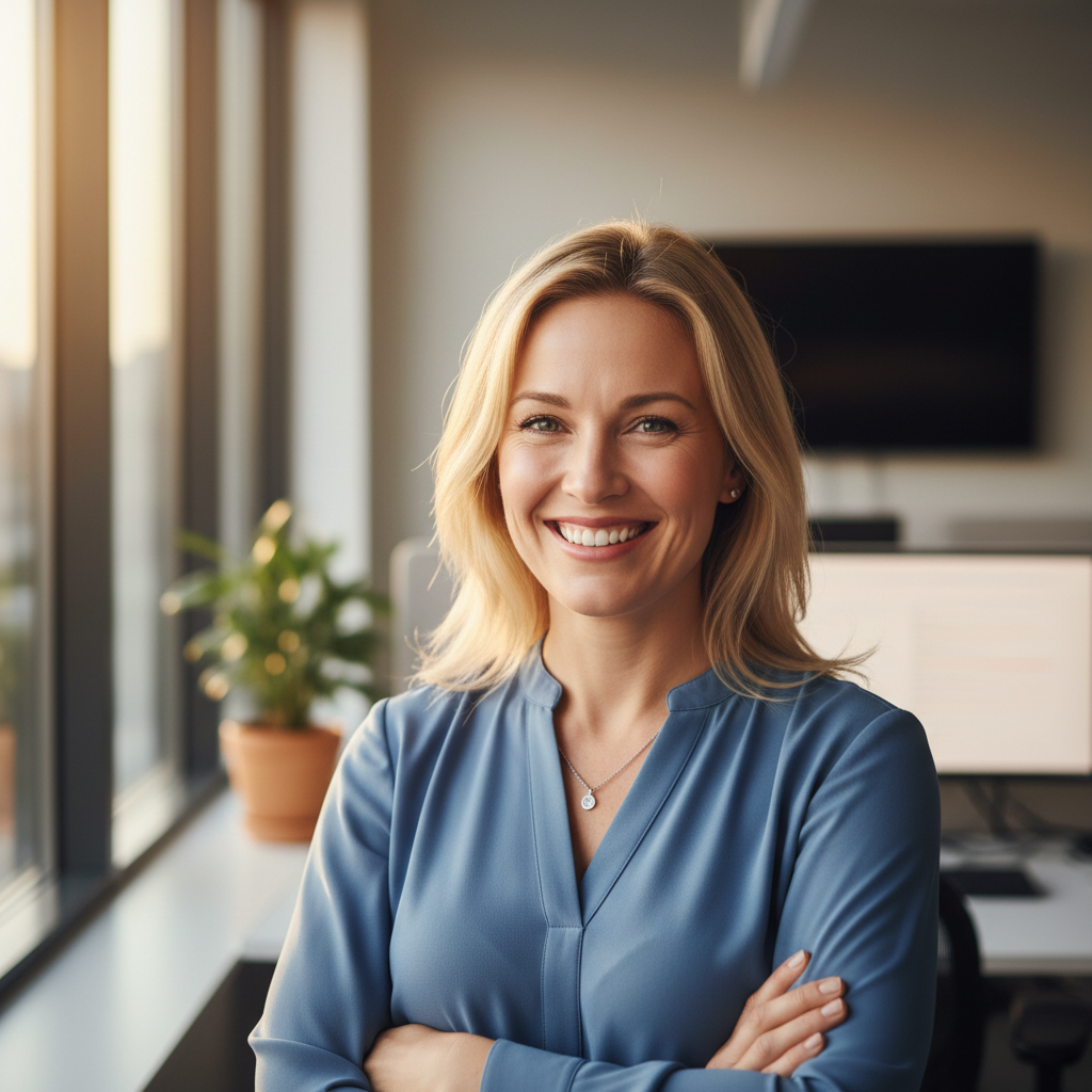 Femme souriante dans un bureau, représentant une cliente satisfaite du cabinet NotaireBretagne