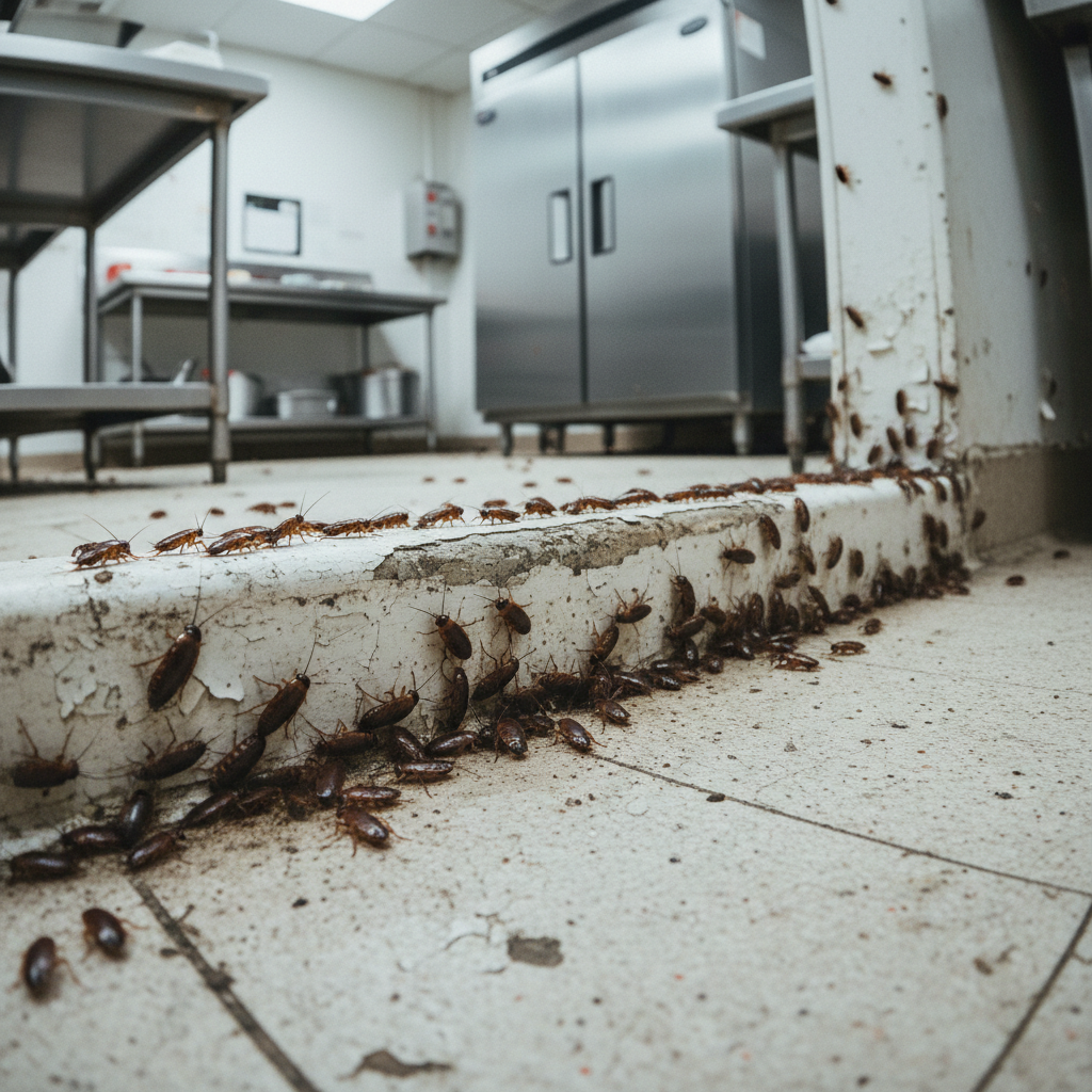 Cockroach trail along baseboard in commercial kitchen near walk-in cooler