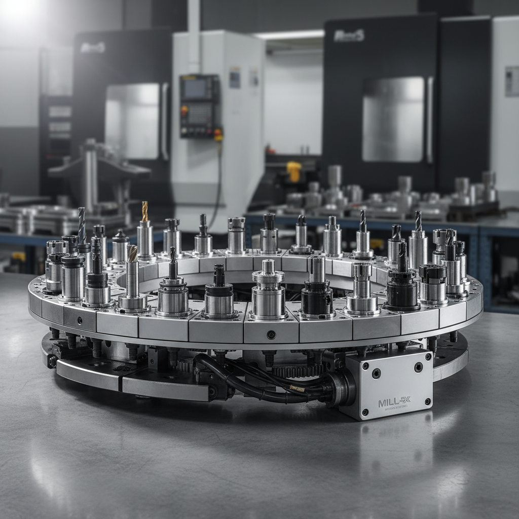 Mill MV-5X automatic tool changer carousel with 30-tool magazine, architectural lighting showing tool holders