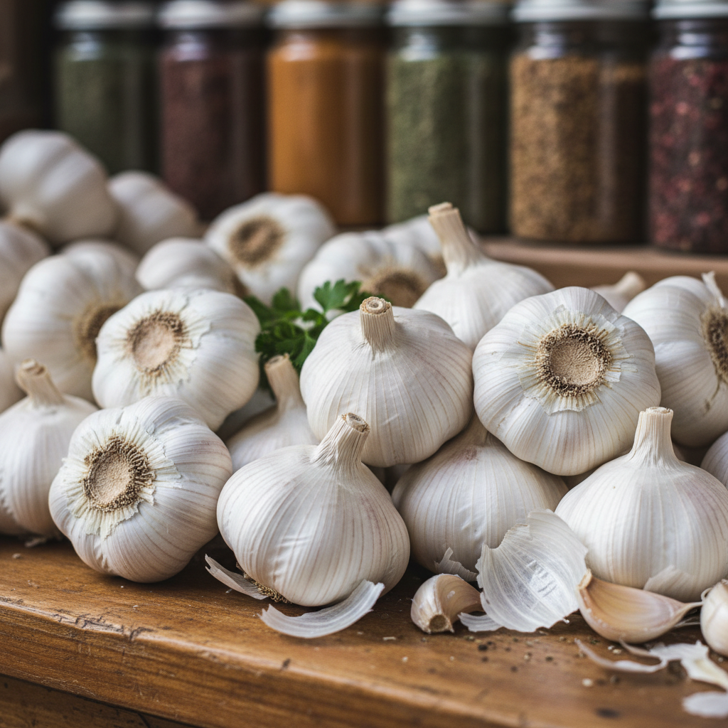 Fresh white garlic bulbs in a cluster, papery skin, market produce