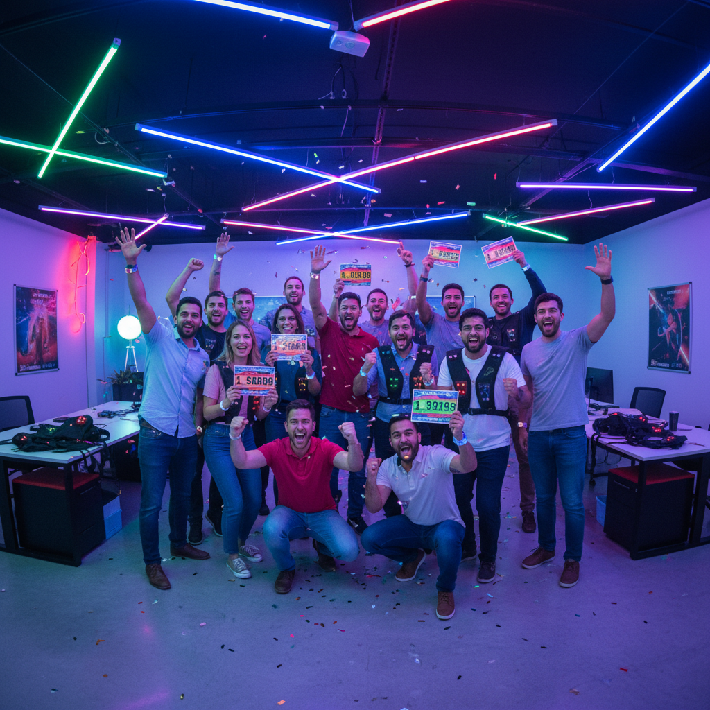Office team celebrating after laser tag game, holding up score cards and cheering