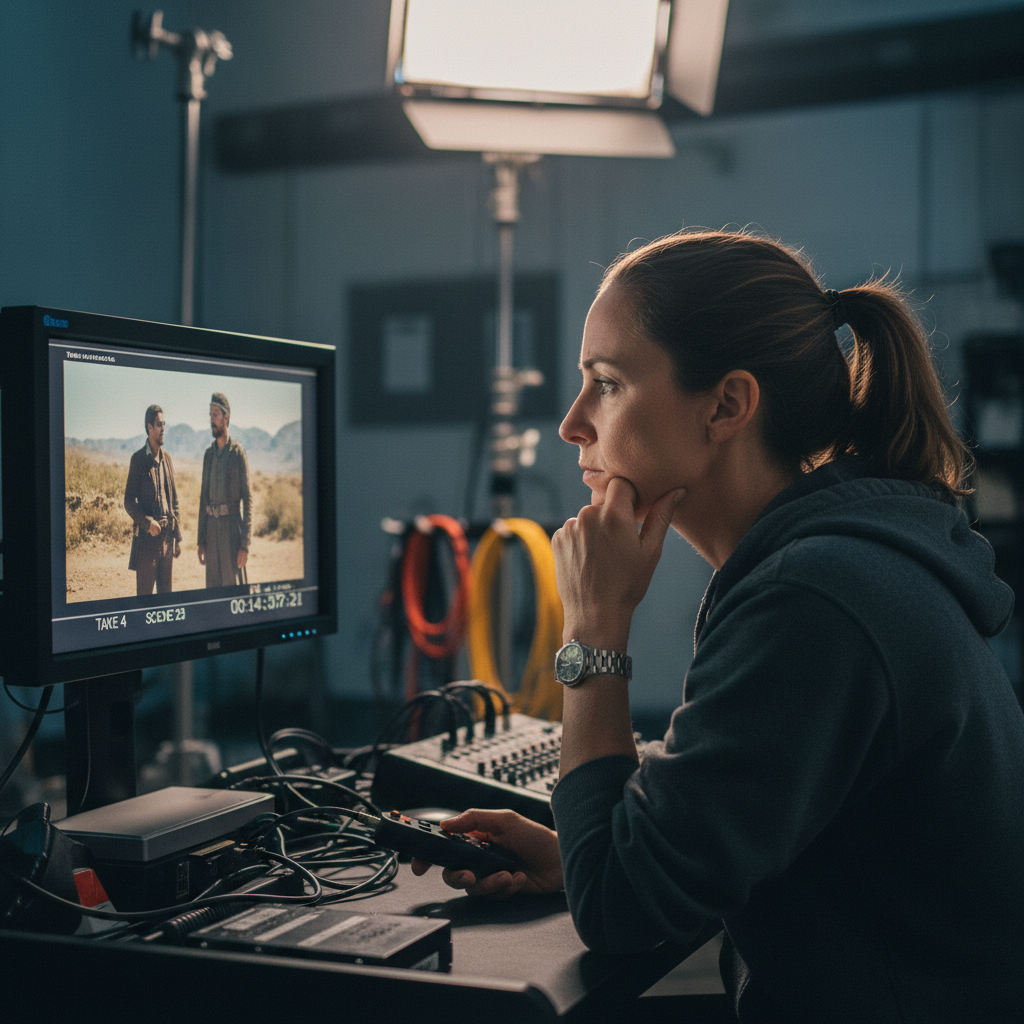 Director reviewing footage on a monitor on set