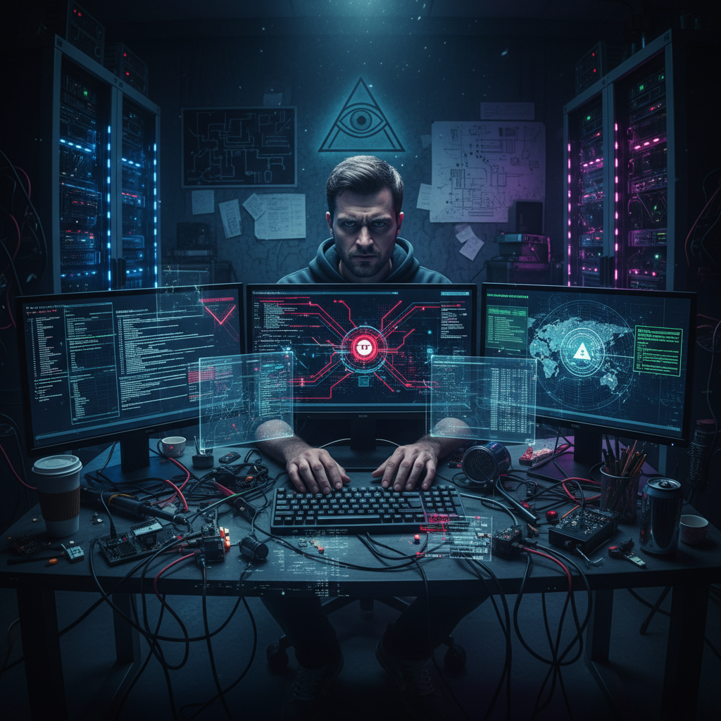 Hacker in dark room with multiple screens, dim green light, deep shadows