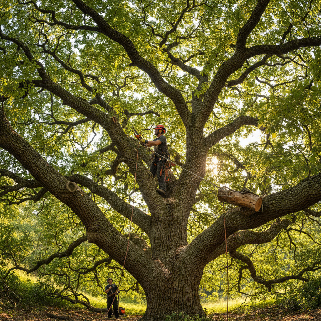 Arborist climbing high into a large oak tree canopy to install structural cabling and remove deadwood sections