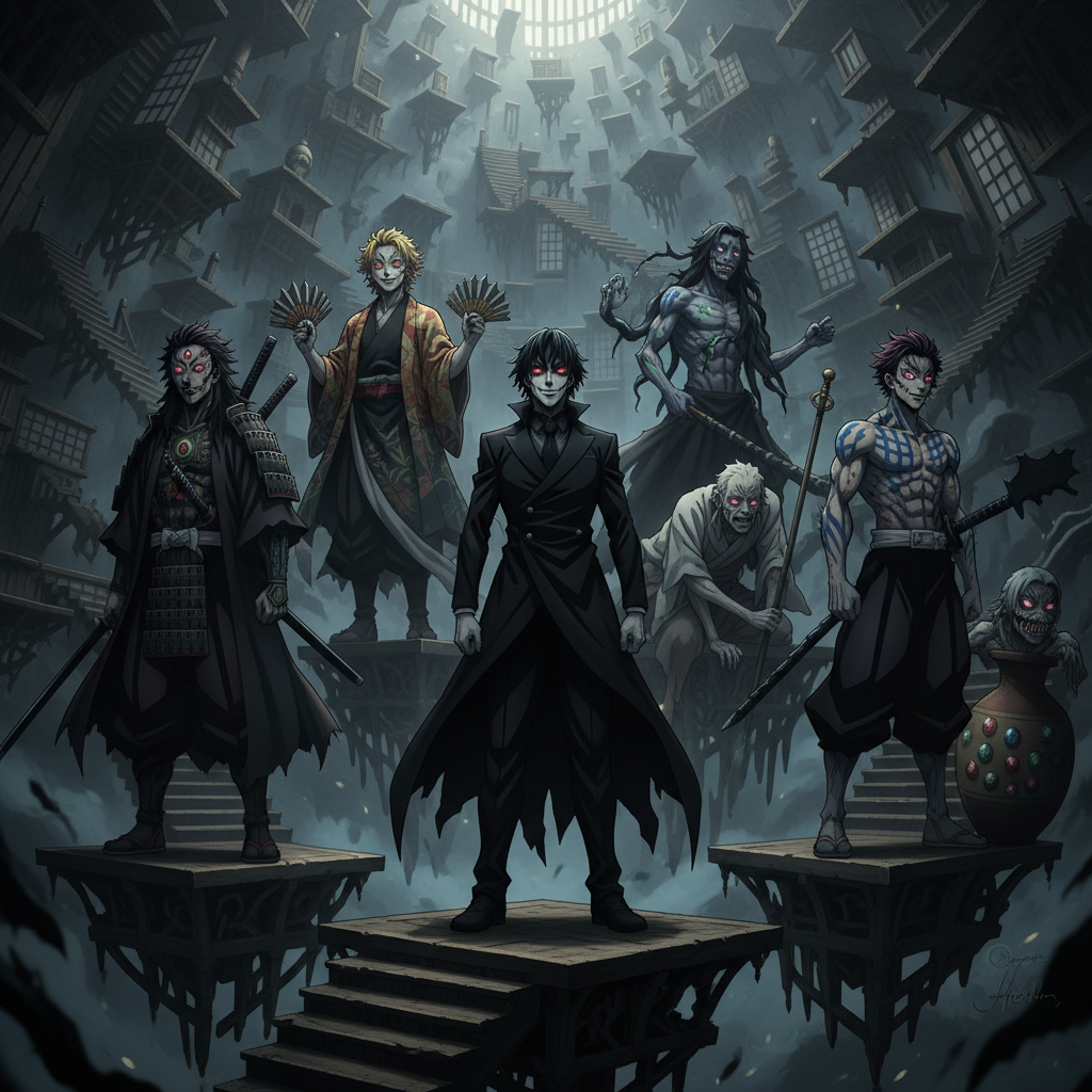 Six powerful upper moon demons assembled in the infinity castle with Muzan at the center