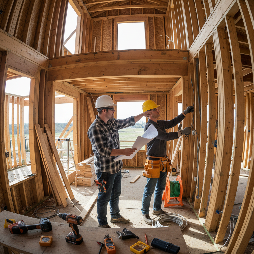 Contractor and electrician working on residential construction project Oregon