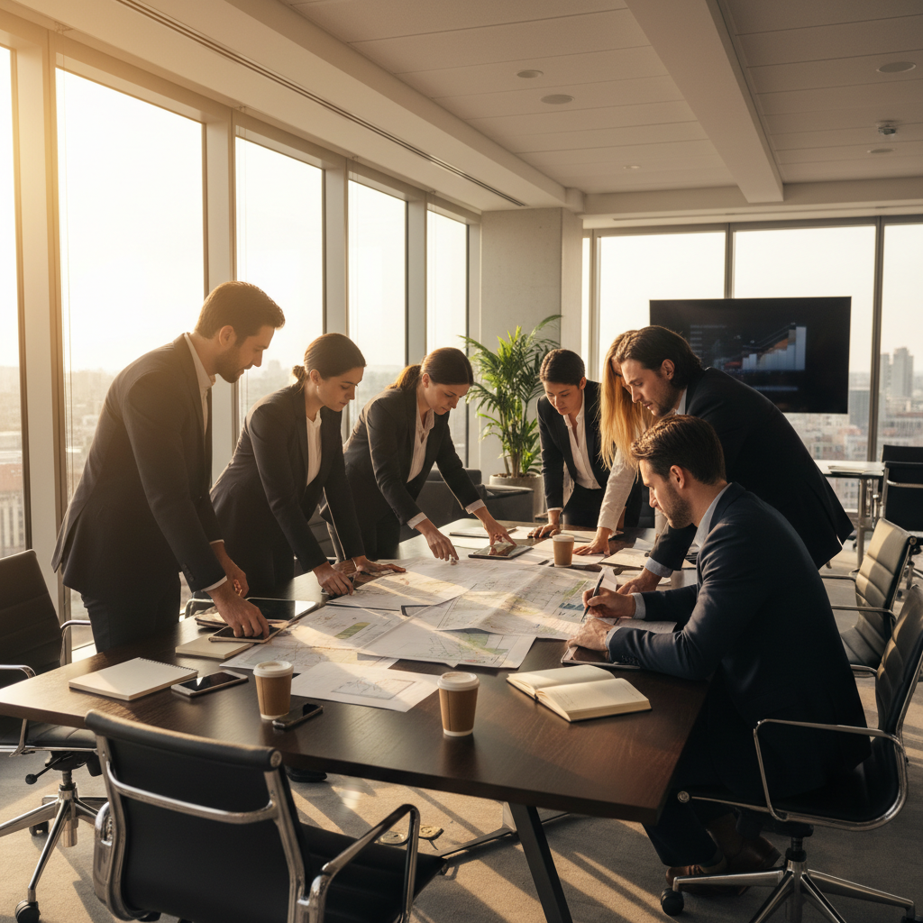 Business professionals reviewing documents at desk, bright office, collaborative work environment