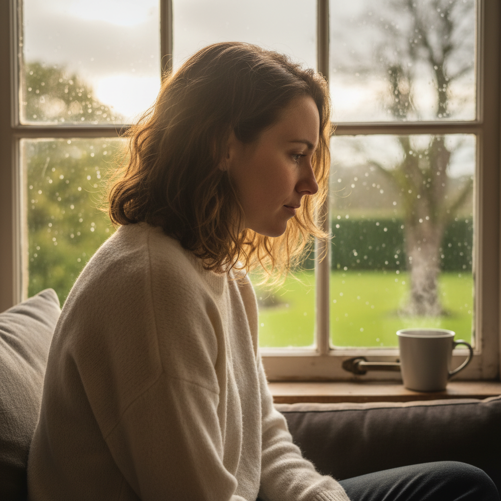 Person looking thoughtfully out a window, contemplative expression, soft natural light, overcoming inner doubt