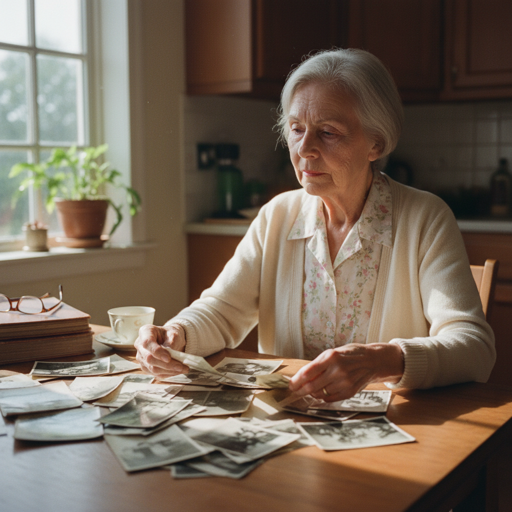Older woman sorting through black and white photographs at a sunlit kitchen table