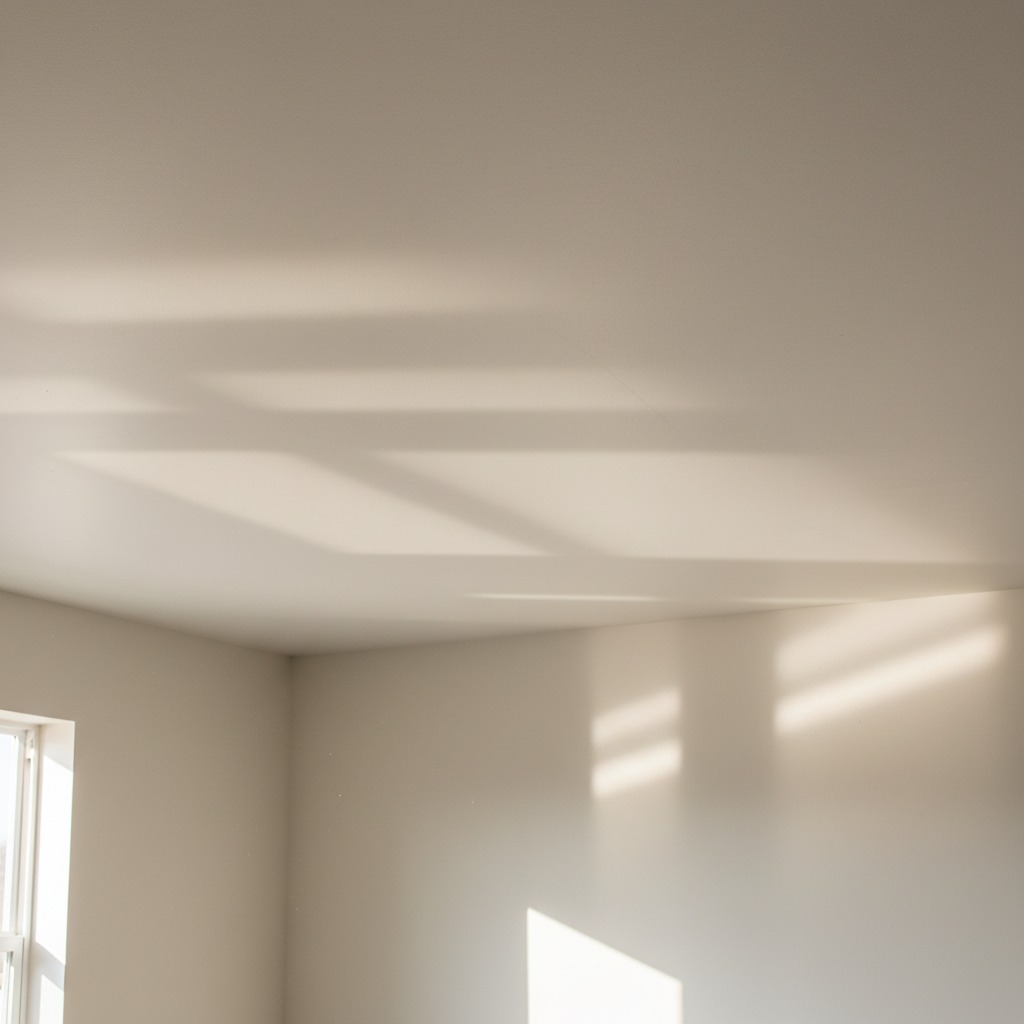 Finished smooth white ceiling with morning light raking across to show perfect flat surface