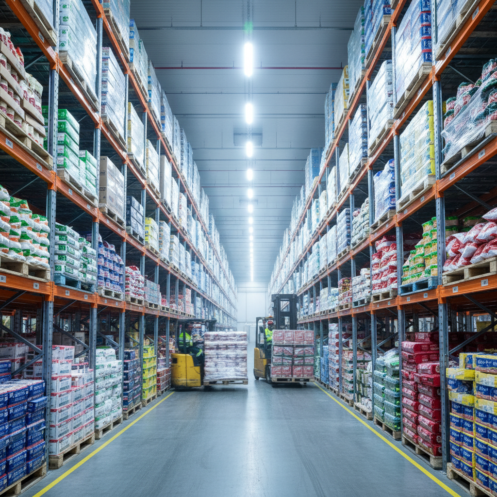 Frozen food distribution warehouse interior with refrigerated storage racks and forklift operations
