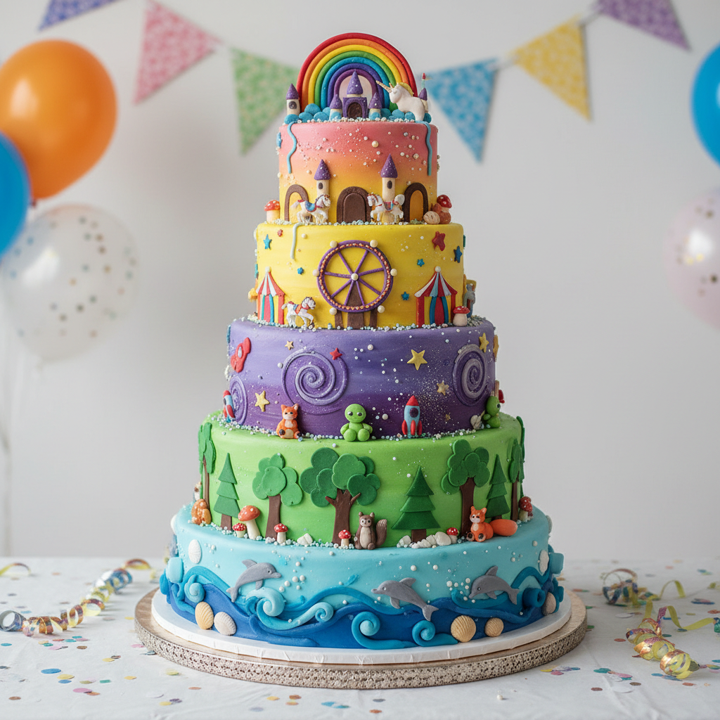 Vibrant themed birthday party with bold color palette, custom balloon installations, and festive decor