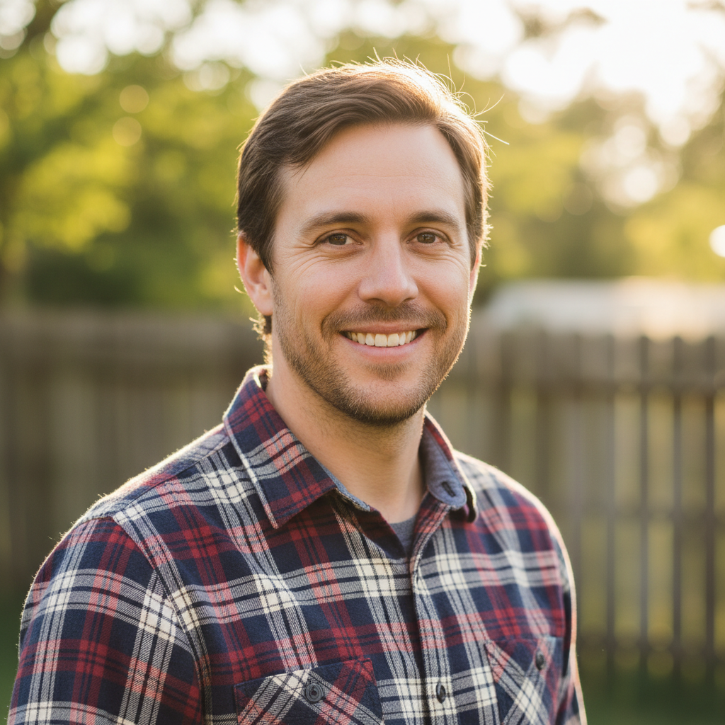 Marcus Bighorse, a man in his mid-thirties with a warm smile, wearing a flannel shirt outdoors
