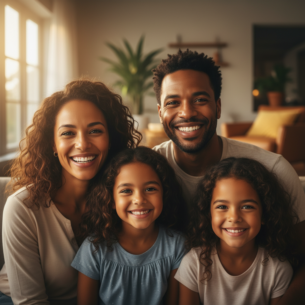 Happy Black family with baby and two toddlers laughing together