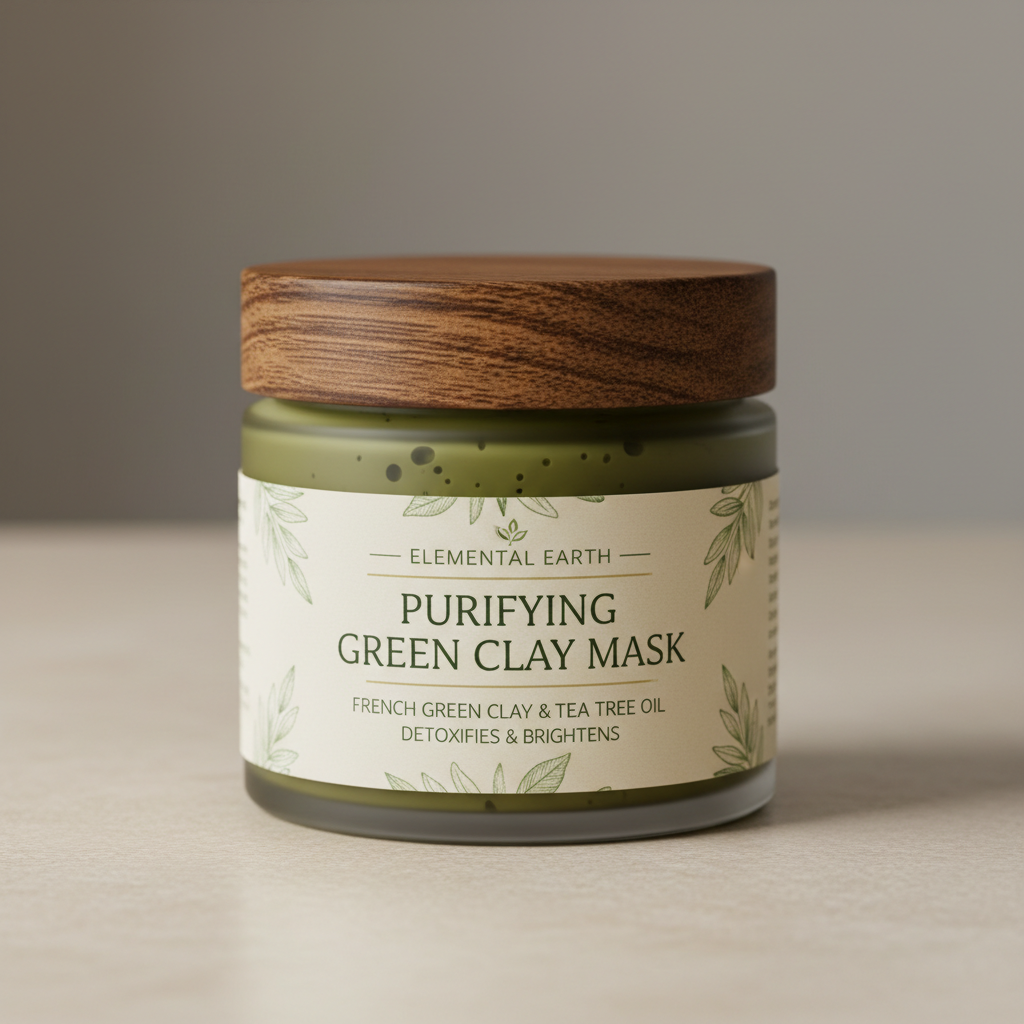 Dark green clay face mask in ceramic bowl with matcha powder and bamboo spatula — earthy tones, wooden surface, organic spa aesthetic