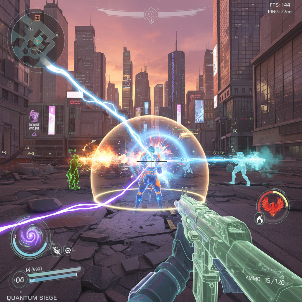 First-person shooter game with colorful abilities on screen