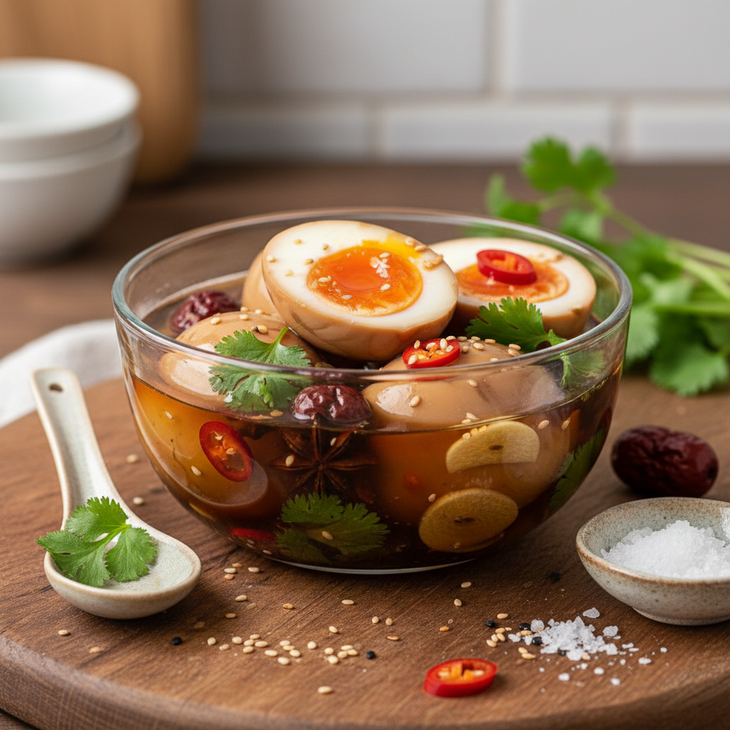 Raw eggs in a bowl beside soy sauce and mirin for marinating